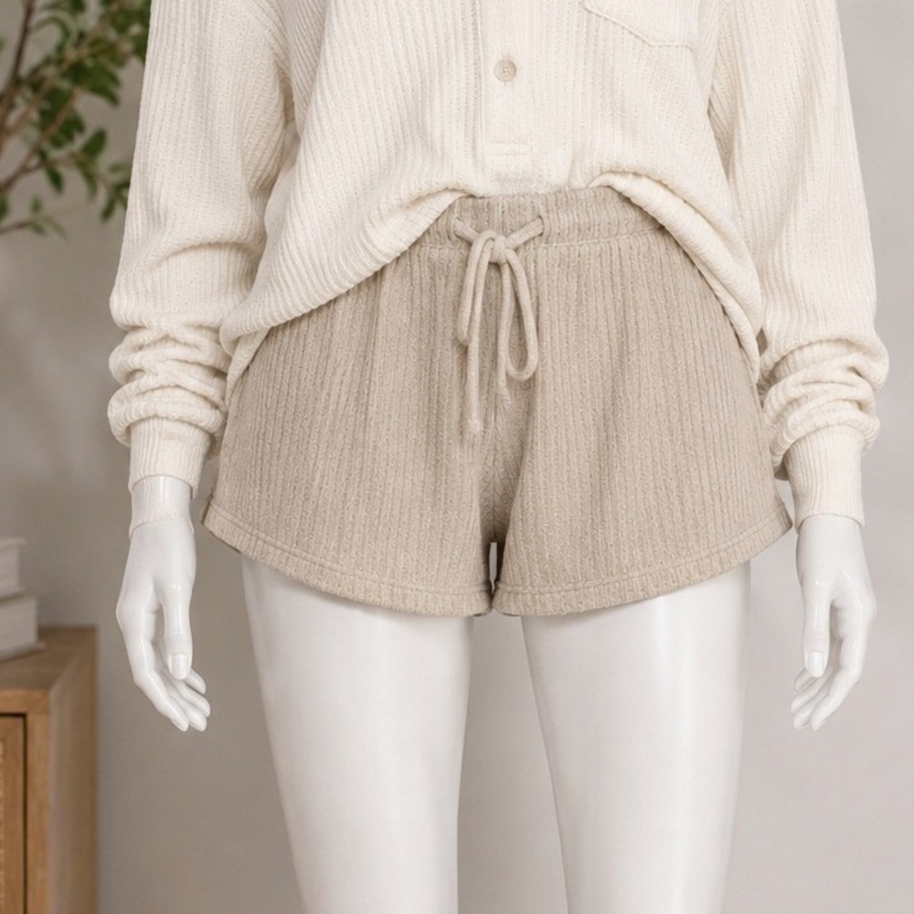 LOFT Womens Sleep Shorts Beige‎ Ribbed Knit Elastic Waist Large